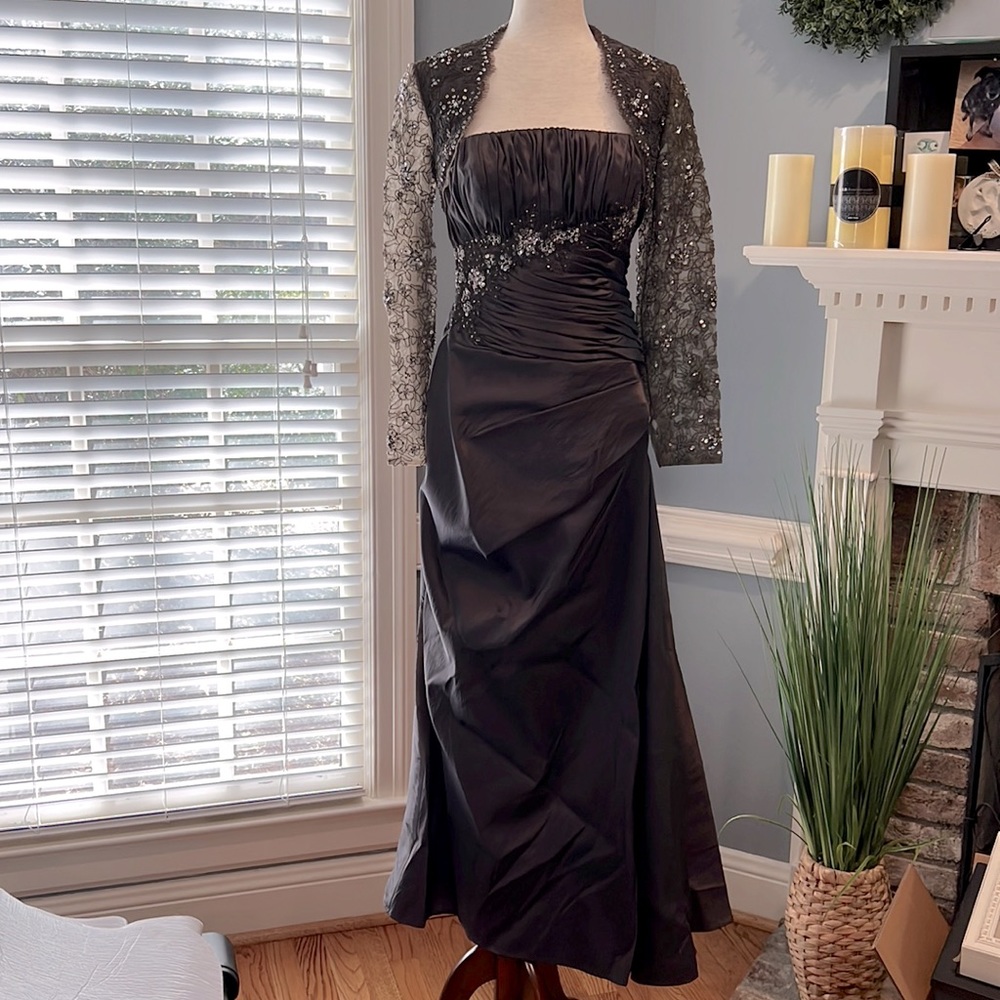 Mother of the bride strapless dress with long sleeve shrug